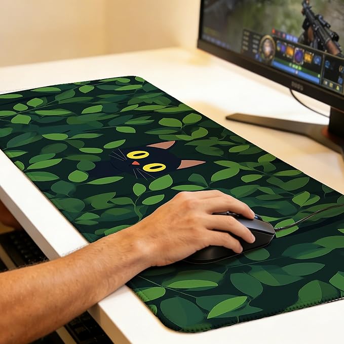 Large Gaming Mouse Pad Black Cat Hide Green Leaves Desk Mat,Non-Slip Rubber Base Stitched Edges,Extended Mousepad for PC,Laptop,Office,Home Decor(31.5 x 11.8 Inch)