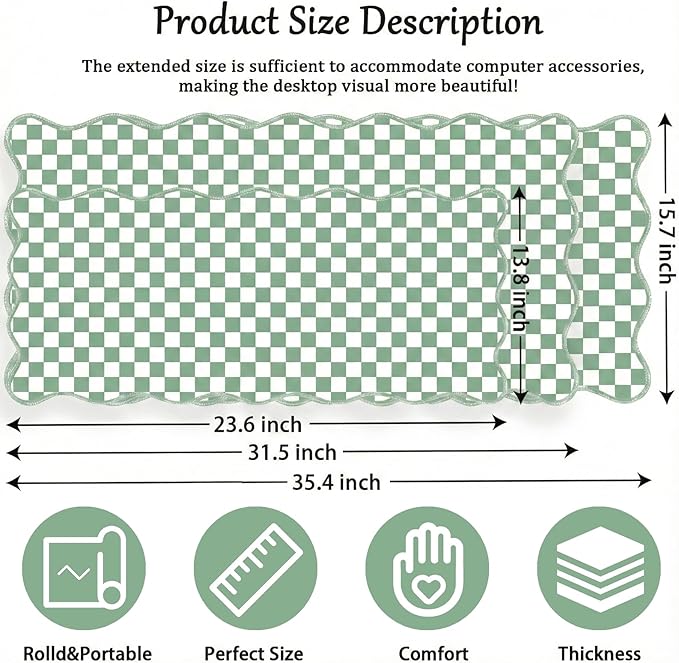 Scalloped Desk Mat Extended Large Cute Mouse Pad Big Desk Pad XXL Aesthetic Plaid Mousepad Checkered Gaming Mouse Pad for Keyboard Computer Laptop Home Office Accessories Girl 35.4X15.7Inches Green