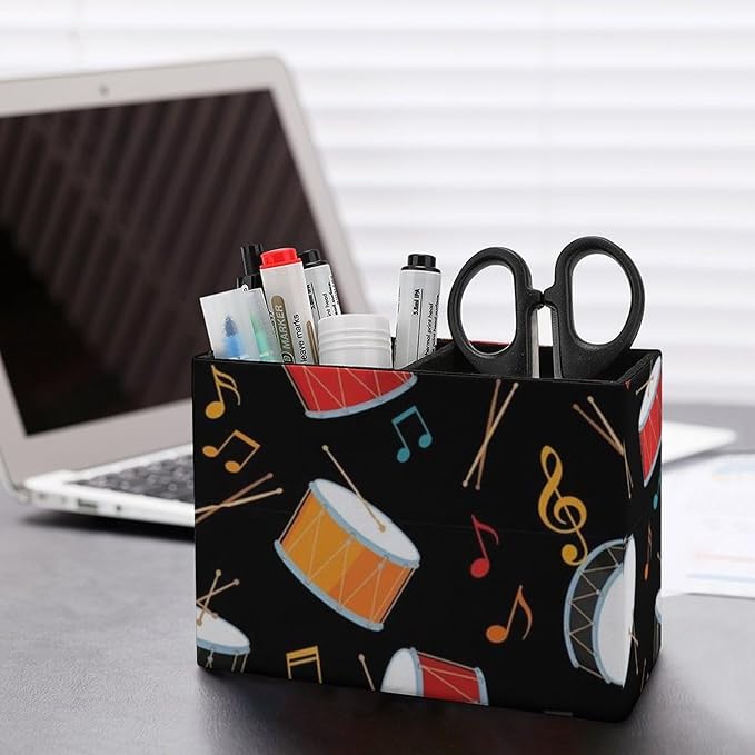 Square PU Leather Pencil Cup Black Drum Kit, Sleek Stationery Organizer for Your Workspace
