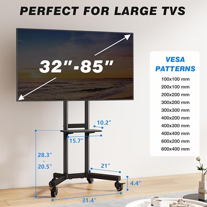 Rolling TV Stand with Shelf for 32-85 inch TVs up to 150lbs, Portable Mobile TV Cart with Silent Wheel, Height Adjustable Universal Corner TV Stand for Bedroom, Living Room, Office