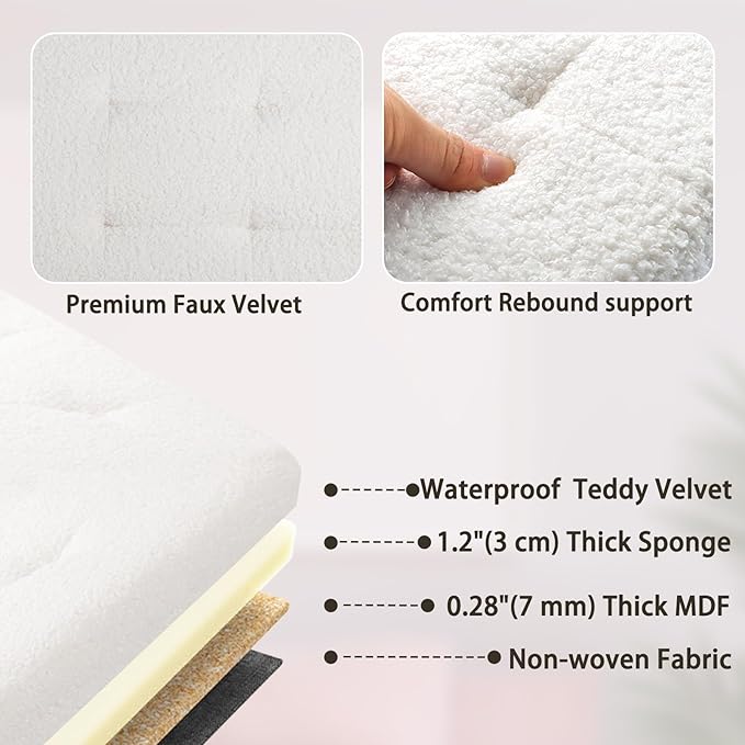 Folding Ottoman Bench with Storage - 34Inches Teddy Velvet Foot Stool Ottoman Bench, Padded Seat, Storage Chest,Blanket Store, for Entryway Livingroom and Bedroom,White (34" D x 13" W x 13" H)