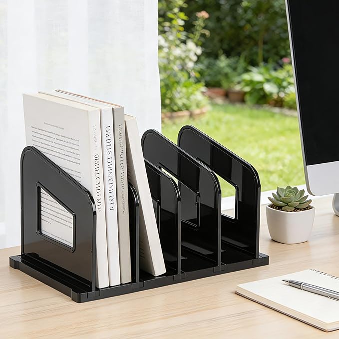 LALOBLUE File Organizer, Acrylic Folder Organizer File Sorter, Plastic Vertical Dividers for Magazine Mail Letter Paper, Desktop Organizers for Office, Classroom & Home(4 Sections, 2 Pack), Black