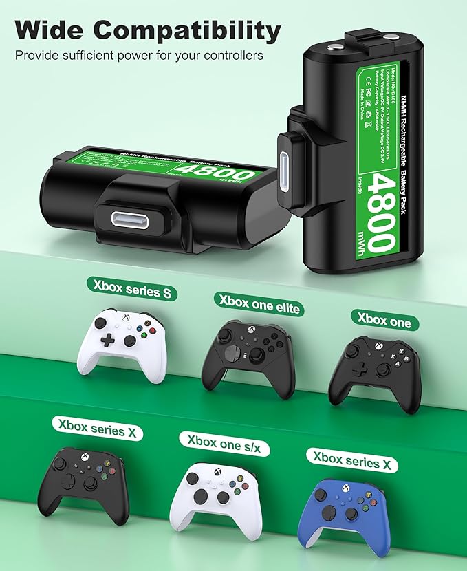 CYOYPPY Rechargeable Xbox Controller Battery Pack for Xbox- Series X|S, 2 x 4800mWhBatteries Pack Play and Charge Kit USB-C Charging Cable/4 Covers