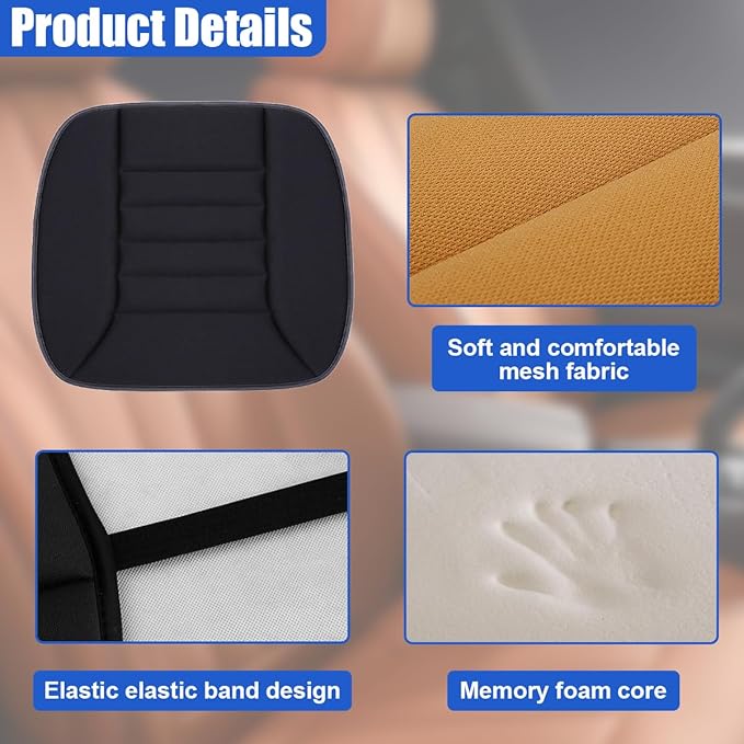 Car Seat Cushion Pad, Memory Foam Automotive Butt Cushion with Non-Slip Silicone Bottom, Breathable Driver Seat Protector for Vehicle, Home and Office Chairs (Black)