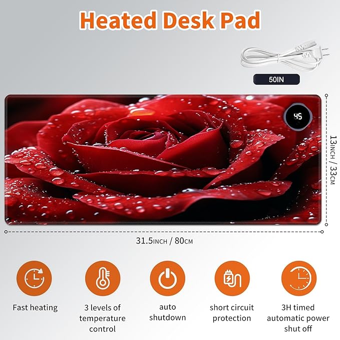 Heated Mouse Pad,Warm Desk Pad with 3 Levels Heating & 3 Hours Auto Shut-Off, PU Leather Heated Desk Pad Warmer Pad for Home Office - 31.5 x 13 inch,Red Rose