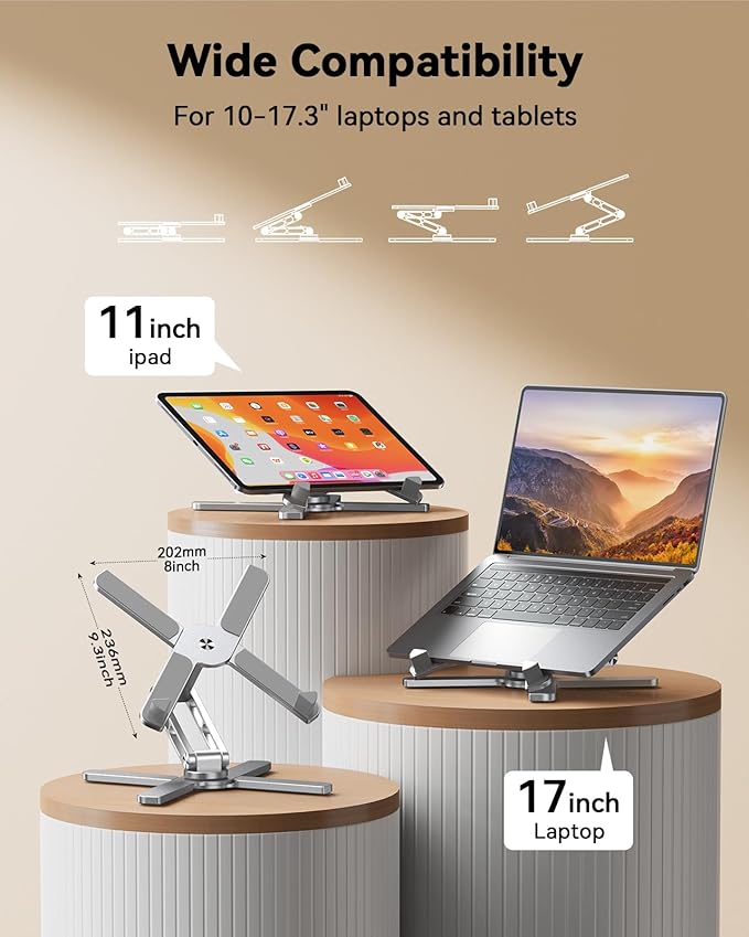 TECKNET Laptop Stand for Desk-360°Rotating Laptop Stand Riser with Ergonomic Foldable Height & Angles, Adjustable Computer Stand Compatible with All Laptops Macbooks up to 17.3", 100%Aluminium Silver