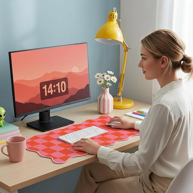 Copkim 1 Pcs Pink Orange Scalloped Checkered Desk Mat 31.5 x 11.8 Large Cute Mouse Pad Computer Mat Non Slip Waterproof Rubber Base with Border Stitching Soft Keyboard Pad for Home Office Game Makeup