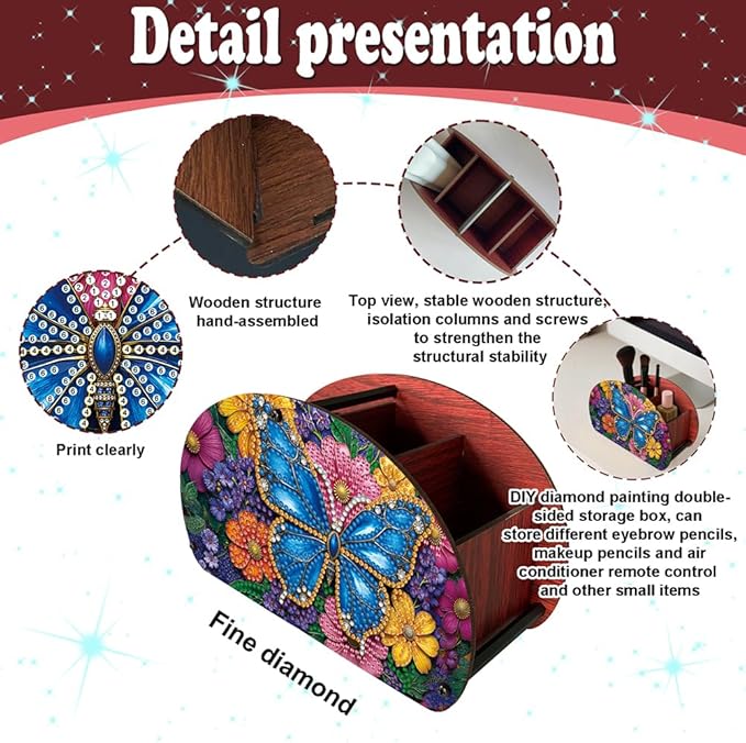 POETRYDRAW DIY Butterfly Diamond Art Painting Wooden Storage Box – Multi-Grid Moon Fan Makeup Brush Organizer, Double-Sided Drill Tabletop Holder for Women, Office & Home Decoration