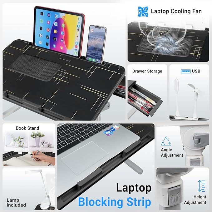 iXTRA Laptop Lap Desk with Cooling Fan - Adjustable with Light, USB, Storage Drawer - Folding Bed Desk,23.62"*15.74",Black