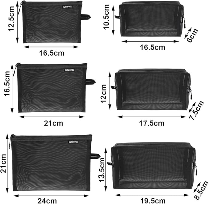 SUPACOOL Set of 6 Travel Mesh Makeup Bag, Cosmetic Organizer Pouches with Zipper, Diaper Organizing Pouches, Nylon Toiletries Bag for Women and Men(6pcs, Black)
