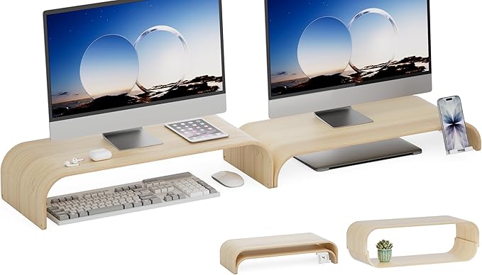 Wood Dual Monitor Stand Riser, 2-Tier Computer Monitor Riser with Phone Holder, Desktop Organizer Shelf for 2 Monitors, Laptop & Printer, No Assembly, Max Load 110lbs, One-Piece Curved Design