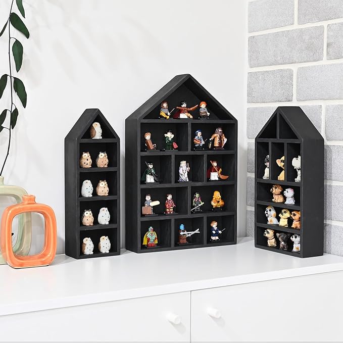 Ikee Design House-Shaped Wooden Shadow Cubby Box Display Shelf Organizer Storage Shadow Box for Mini Figures, Set of 3, 10 W x 2 1/4 D x 15 H in, Black Color