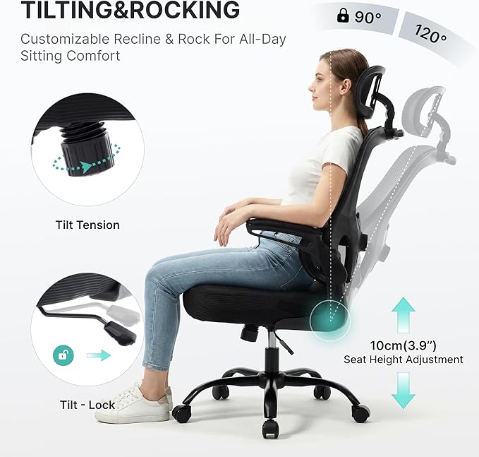 Ergonomic Mesh Office Chair,330LB Capacity High Back Desk Chair with Adjustable Lumbar Support, Adjustable Headrest & Flip-Up Arms,Breathable Computer Chair for Home Office,Work & Study,2pcs