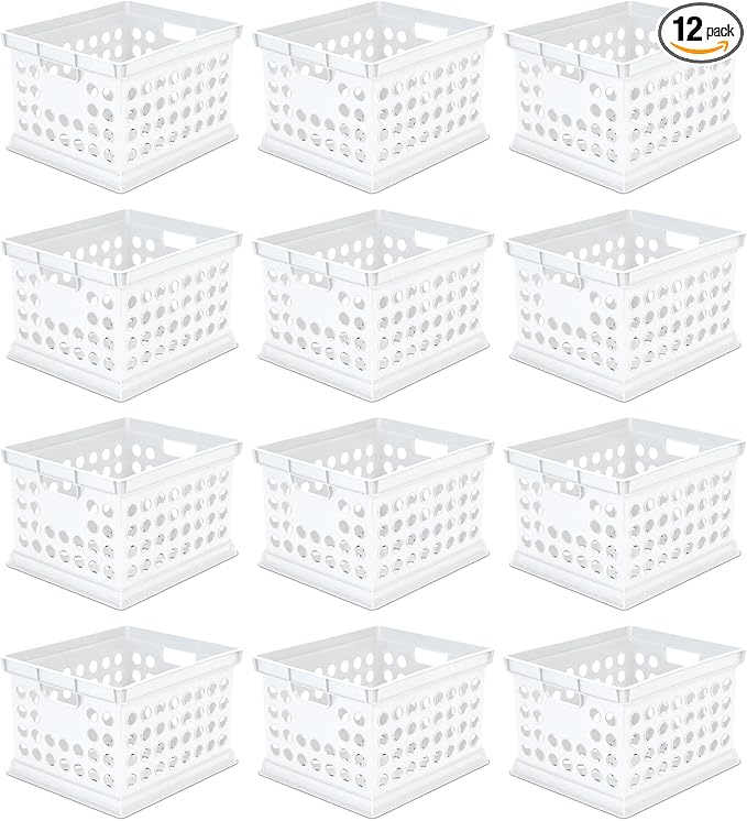 Sterilite Stackable Plastic Storage Crate Bin Organizer File Box with Handles for Home, Office, Dorm, Garage, or Utility Organization, White, 12-Pack