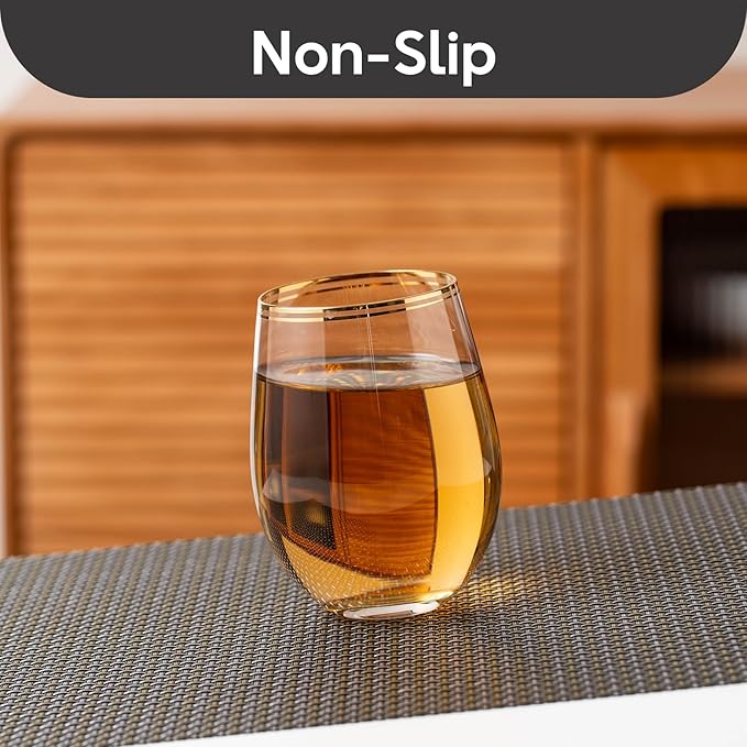 Heat Resistant Woven Vinyl Placemats, PVC Polyester Blend, 17.72x11.81 Inches, Gold and Gray, Set of 4, Non-Slip Stain Resistant Kitchen Table Mats