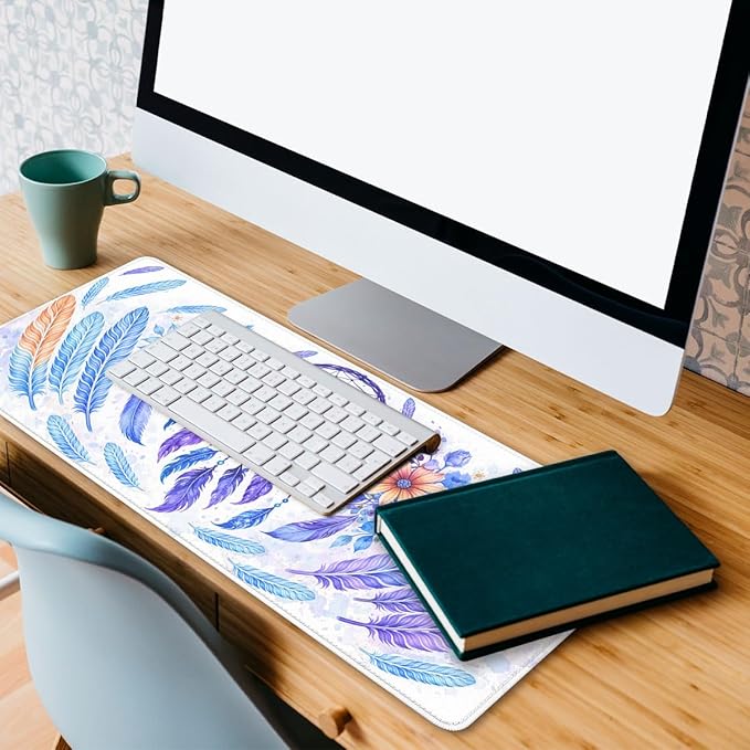 Boho Dreamcatcher Mouse Pad, Watercolor Purple Feather Floral Gaming Desk Mat Waterproof Stitched Edges Rubber Base Non-Slip Deskmap Computer Keyboard Mat, 31.5x11.8in Desk Home Office Gaming