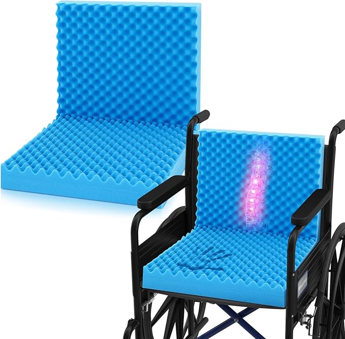 Geiserailie 2 Pcs 32 x 18 x 3 Inches Egg Foam Pad with Back Egg Foam Cushions Wheelchair Seat Cushion to Relieve Back for Office Chairs Wheelchairs Recliner Chair Accessories (Blue)