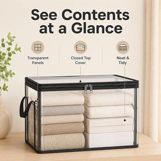 HICOOL Large Clear Thick Plastic Storage Box with Hinged Lid, Heavy-Duty Durable High Capacity Organizer, Perfect for Home, Camping, Travel, Attic and Moving (2 PCS)