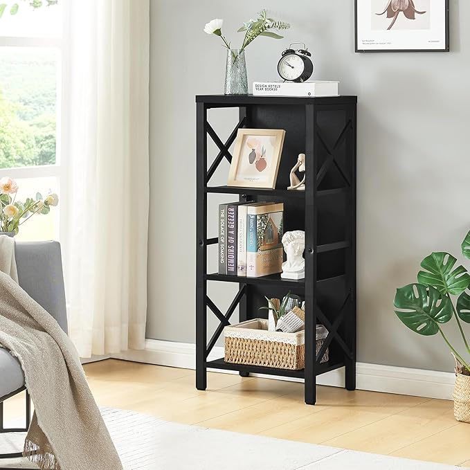 MNEETRUNG Small Bookshelf,4 Tier Industrial Bookcase with Metal Frame and Backboard,Narrow Black Book Shelf,Office Book case for Small Spaces,Living Room,Bedroom and Home Office