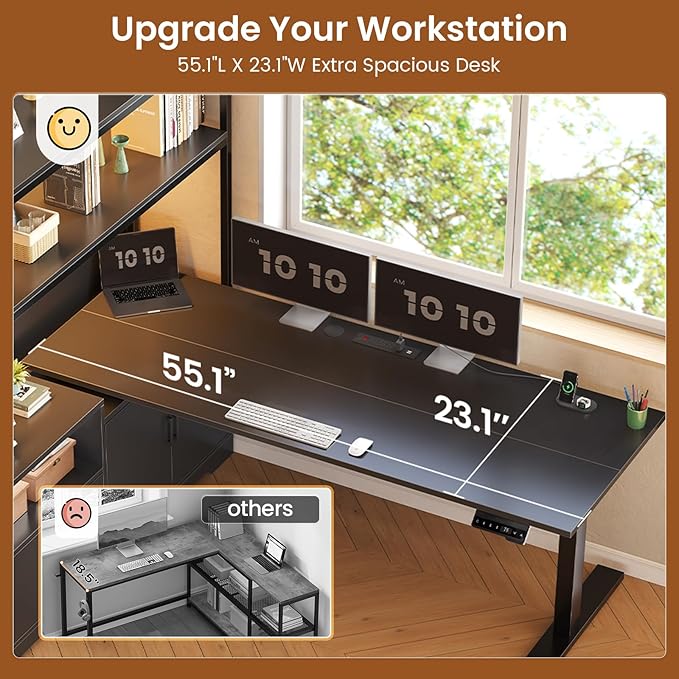 SEDETA 56.7" L Shaped Standing Desk, Reversible Computer Office Desk with Drawers & Hutch, Stand Up Corner Gaming Desks with LED Lights & Power Outlets for Home Office, Black