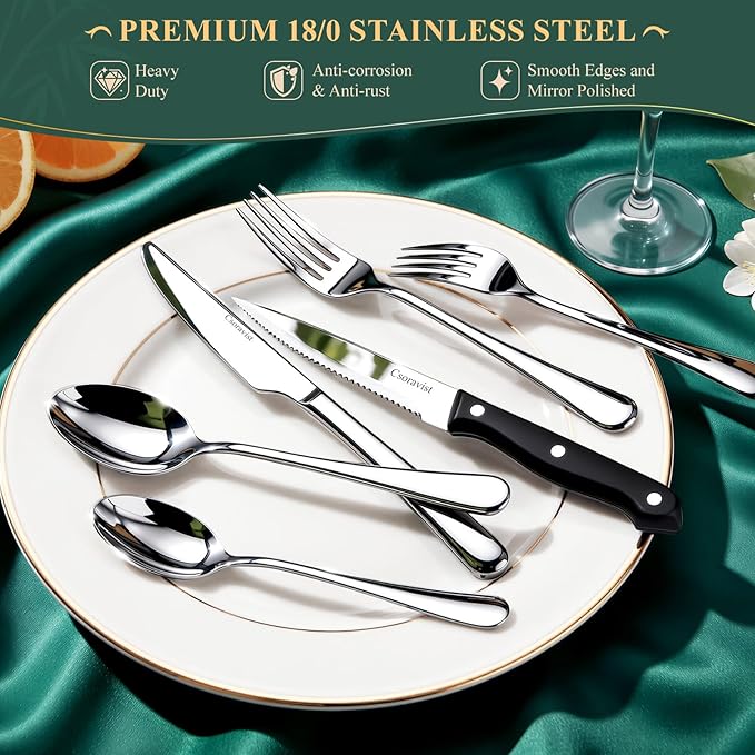49-Piece Silverware Set with Bamboo Drawer Organizer, Heavy-Duty Stainless Steel Flatware Set for 8, Cutlery Sets with Steak Knives, Mirror Polished & Rust-Proof,Dishwasher Safe