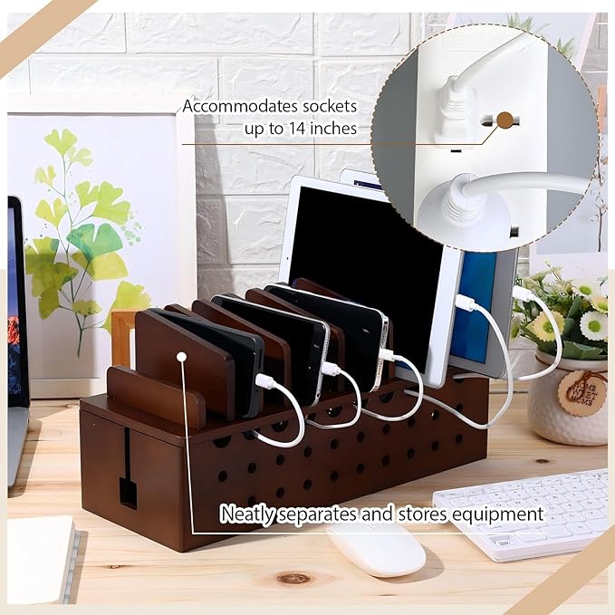 Bamboo Charging Station for Multiple Devices, Cell Phone Docking Charging Station Organizer and Cord Organizer for 10 Devices for Power Strip Storage, Phones and Tablets(Brown)