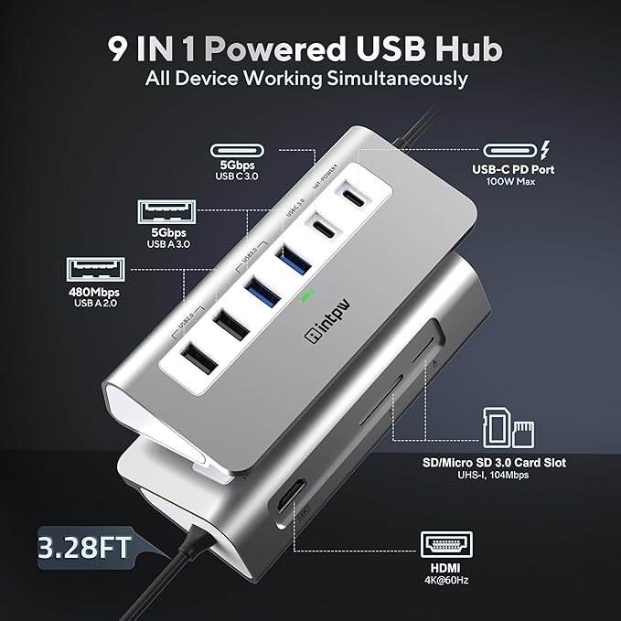 intpw USB C Hub, P9 USB C Hub Multiport Adapter with 4K HDMI, PD 100W, Type-C & 2 USB A 3.0 5Gbps, 2 USB A 2.0, SD/TF Card Reader, Aluminum USB Hub for Laptop, iPhone 17 Series, MacBook, iPad