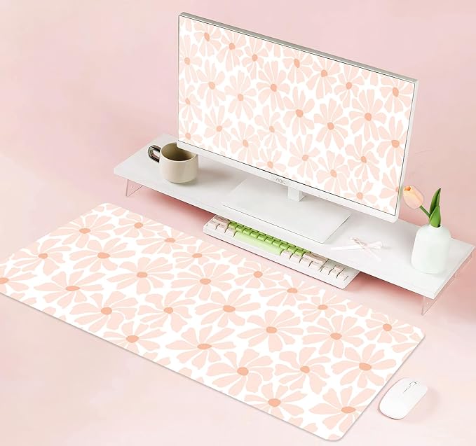 Pink Daisy Floral Boho Desk Mat, Girly Aesthetic Extended Large Mouse Pad, Minimalist White Non-Slip Cute Gaming Mousepad for Home Office Decor