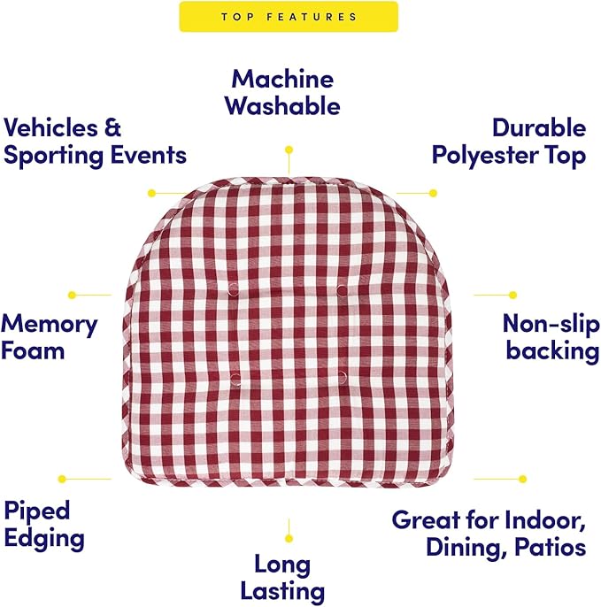 Sweet Home Collection Chair Cushion Memory Foam Pads Tufted Slip Non Skid Rubber Back U-Shaped 17" x 16" Seat Cover, 2 Count (Pack of 1), Checkered Wine/White