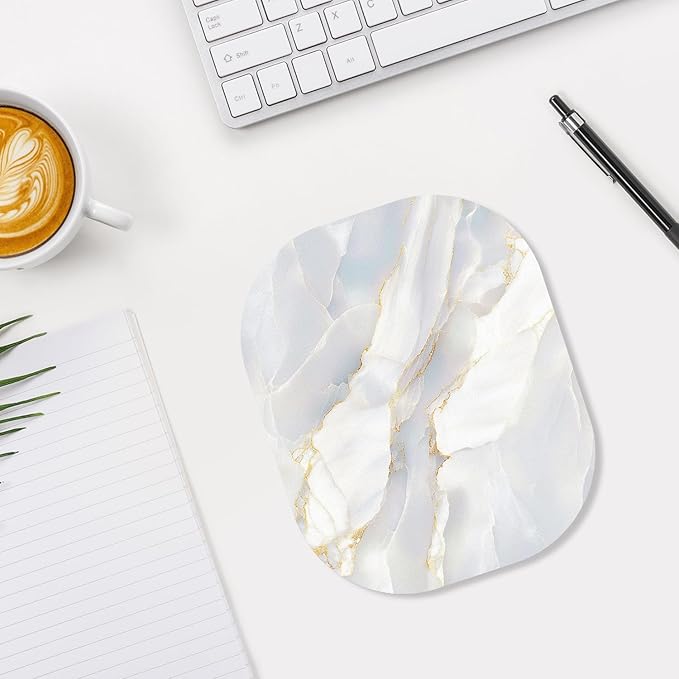 Small Mouse Pad, 6 x 7 Inch, Oval Mini Mouse Pad with Non-Slip Rubber Base for Laptop Wireless Mouse Keyboard Tray Mousepad, White Marble