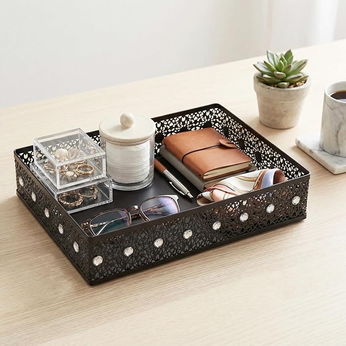Desk Drawer Organizer, A4 Large Metal Mesh Desk Organizer Tray, Carved Hollow Floral Desk Tray, Versatile Storage Box Set for Office Home Supplies,13x9x3 inches (Rhinestones,2 PCS)