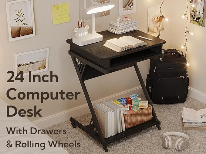 ALISENED 2 Tier Computer Desk with Keyboard Tray, 23.6" Home Office Desk Computer Workstation Rolling Study PC Laptop Table for Small Spaces,Z-Shaped Small Compact Study Table