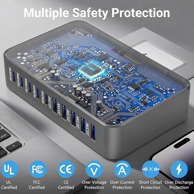 540W USB C Charger Block, 10 Port Charging Station USB Charger Block Double 100W Gan Laptop Fast Charging Compatible with MacBook Air/Pro, iPhone, iPad, Dell XPS, Samsung Galaxy Note