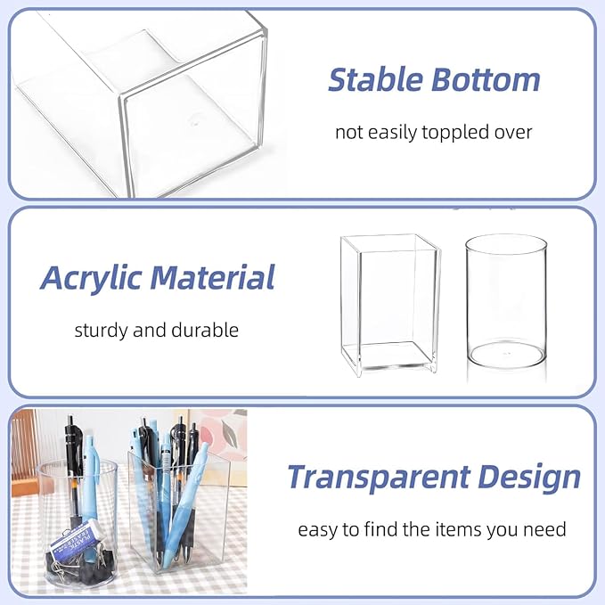 16 Pack Acrylic Pen Holder Set, 8PCS Square Pencil Organizer for Desk + 8PCS Round Clear Makeup Brush Holder, Pencil Cup Pen Organizer for School Office Stationery