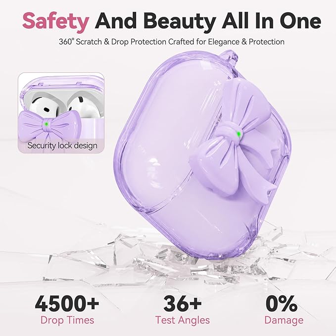for Airpods 4 Case Pink 2024 with Safety Lock & Phone Stand, 3D Bow Clear iPod 4 Cases with Cute Keychain & Cleaning Kit, Soft TPU Cover for AirPods 4th Generation Case Girls Women (Purple)