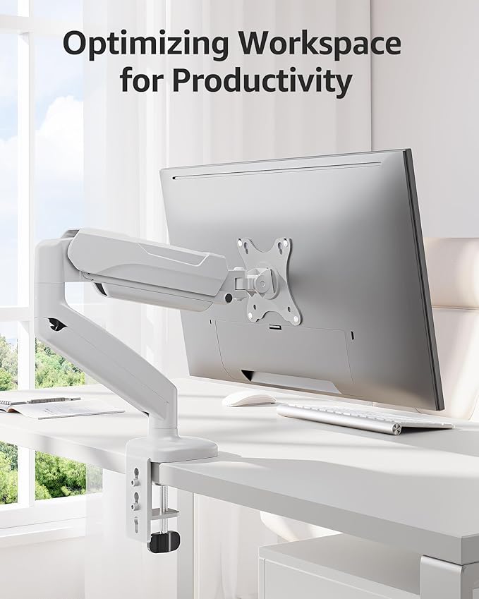 MOUNTUP Single Monitor Desk Mount Holds Screen up to 32 inch, Height Adjustable Monitor Arm, Full Motion Computer Monitors Stand with Clamp/Grommet Base, VESA Mounts Fit 4.4-17.6lbs Computer, White