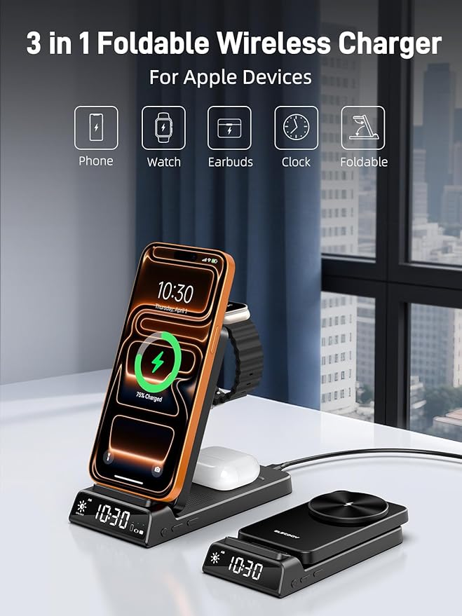 3 in 1 Charging Station for Apple, ELECDOV Magnetic Charger for iPhone, Foldable Wireless Charger with Clock, Travel Watch Charger Stand for iPhone 17/Air/16/15 Series, iWatch 10/AirPods 4 (Black)