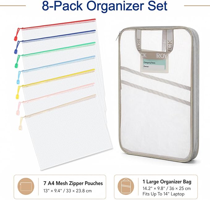 7-Pack Mesh Zipper Pouch with 1 Organizer Bag, A4 Size (13x9.4) Clear Waterproof File Bags, Fits 14 Inch Laptop, Professional Office & College Organizing System (8pcs)