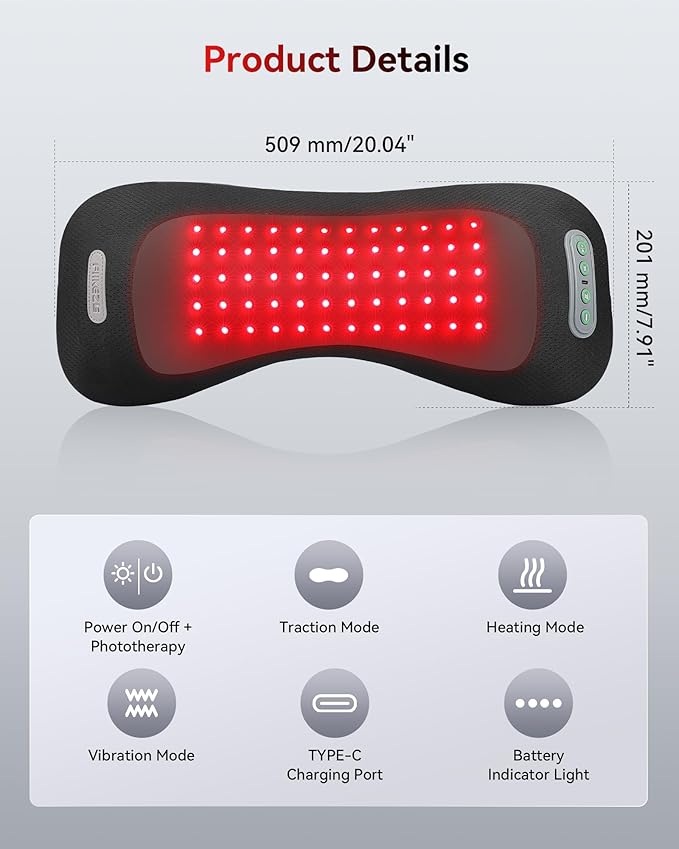 4-in-1 Lumbar Support Pillow Cordless Rechargeable 5000mAh with Red Light Therapy, Electric Lower Back Massager w/Vibration, Airbag Traction & Heating for Pain Relief Deep Tissue, Black