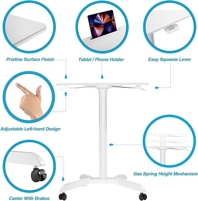AVLT 44-inch Ambidextrous Pneumatic Laptop Standing Desk Cart (3 ft 8 in), Mobile Rolling Desk with Adjustable Height, Folding Computer & Projector Cart, White Cart with Brakes