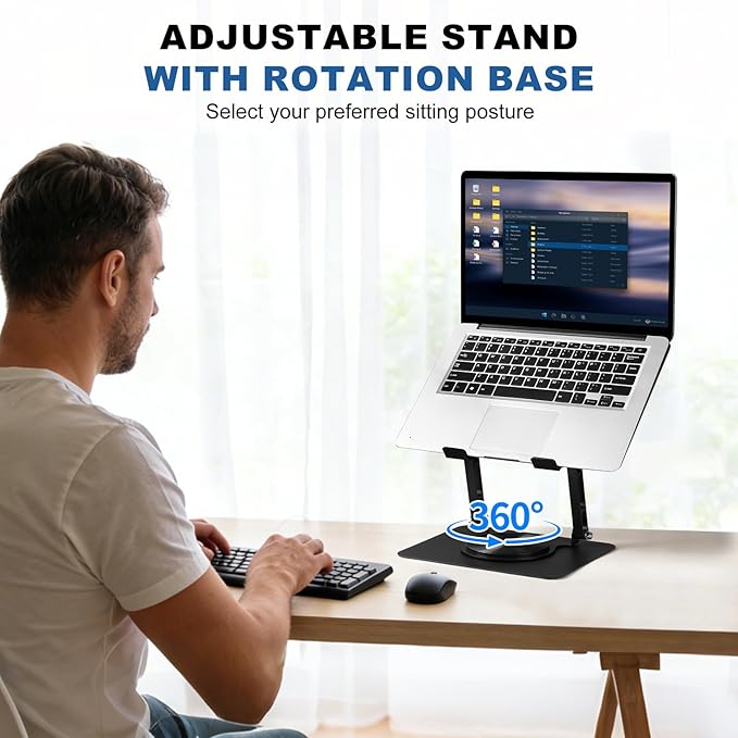 Laptop Cooling Pad with 2 Detachable Fans, Adjustable Height & Angle Stand, 360° Rotation, Ultra-Sturdy Carbon Steel Frame, Quiet Cooling for 10-17.3" Laptops (Black)