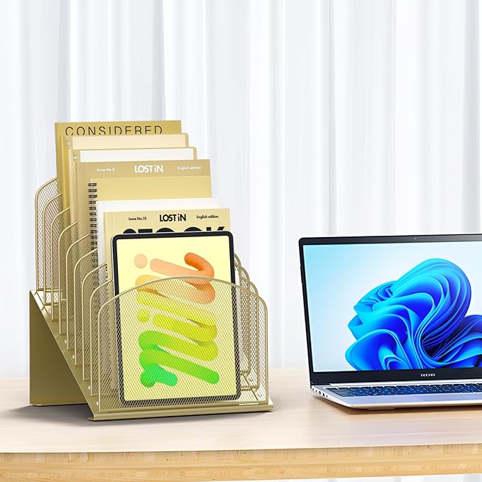 Inclined Desk File Organizer Metal Desk Magazine Folder Holder with 8-Section Vertical Compartments Rack File Organizer for Office, Home, School, Gold