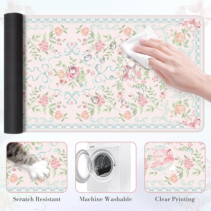 HAOCOO Blue Floral Keyboard Pad, 35.4" x 15.7" Large Mouse Pad for Desk, Non-Slip Waterproof Keyboard Mat, Cute Girly Desktop Mat for Office & Home Decor, Computer Desk Accessories with Stitched Edges