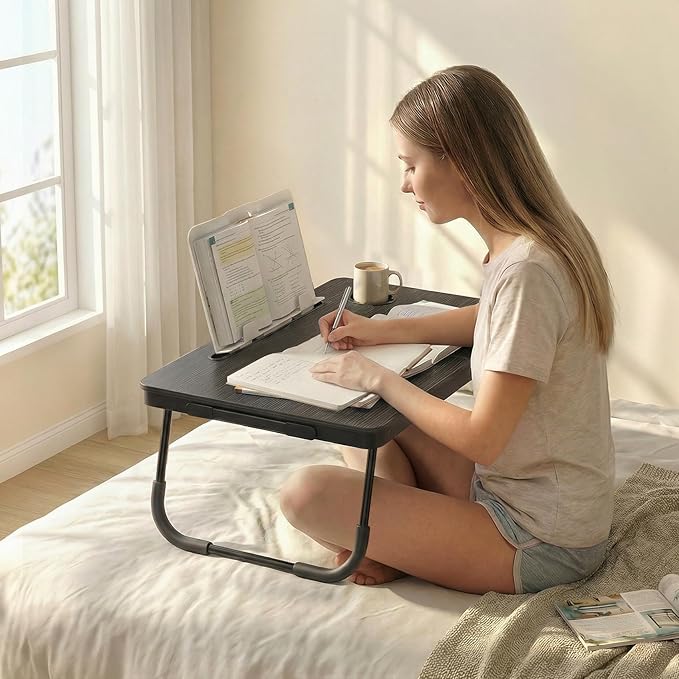 BUYIFY Foldable Laptop Bed Desk for Couch, Sofa - Large Lap Desk Tray Table with Cup Holder and Tablet Slot - Portable Notebook Stand for Eating, Writing, Studying and WFH (Black)-OKS1