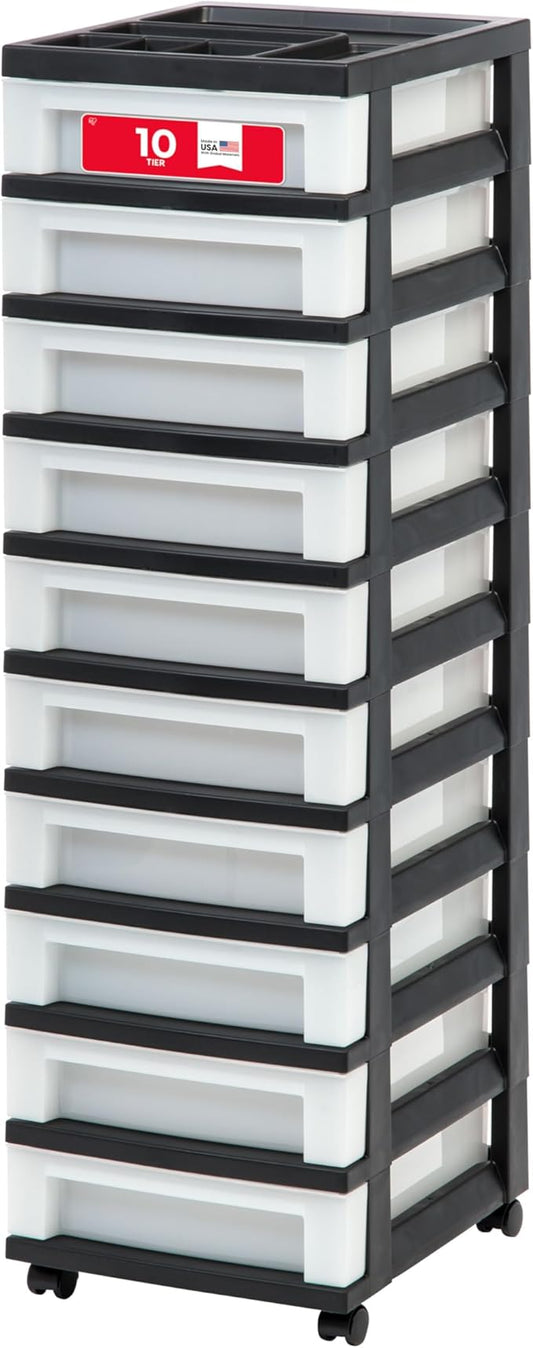 IRIS USA Plastic Drawer Storage Organizer Rolling Cart, with Wheels Casters, 10-Drawers, for Classroom Art Craft Supplies Dresser Closet Bathroom Laundry Room, Black/Pearl