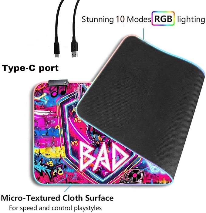 Cyberpunk Neon Rabbit RGB Gaming Mouse Pad – 31.5"x11.8" Large LED Desk Mat with Urban Street Art Design Third Eye, Shield & Straw Hat Motif for PC & Laptop Setup