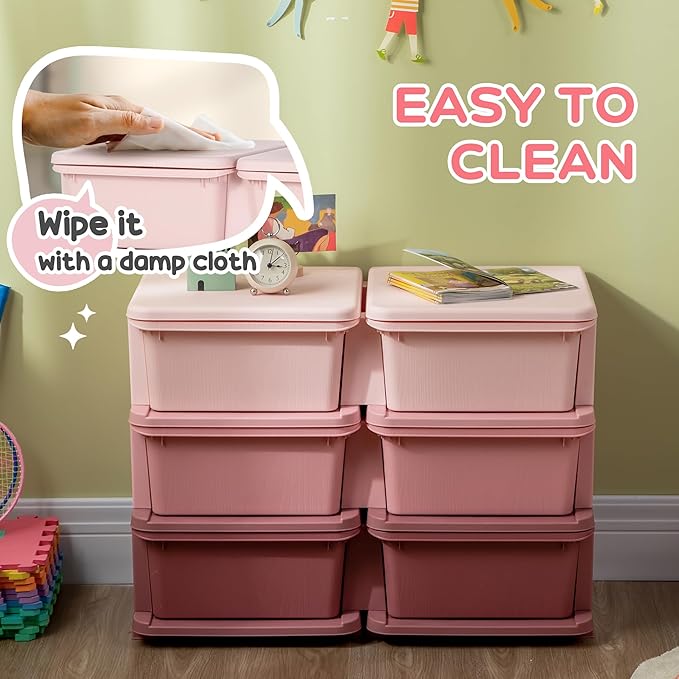 Qaba 3 Tier Kids Storage Unit, Toy Organizers and Storage with 6 Drawer Chest for Kids Bedroom Nursery Kindergarten Living Room for Boys Girls Toddlers, Pink