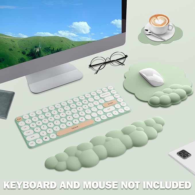 Cloud Keyboard Wrist Rest and Mouse Pad with Wrist Support Set, Ergonomic PU Leather Mouse Pads, Memory Foam Non-Slip Mousepad for Computer,Laptop, Green Cloud