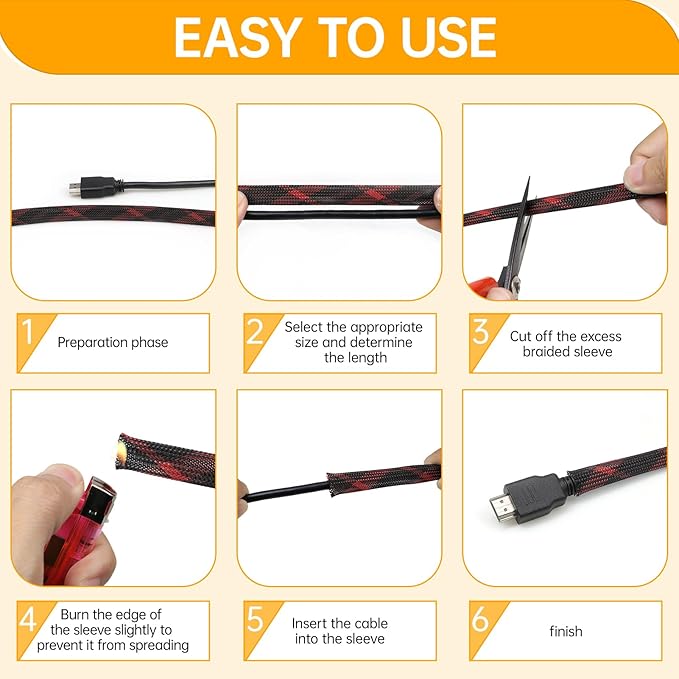 Braided Cable Sleeve, 33ft Expandable Wire Loom for Automotive Wiring Harness & PC Case, Pet-Proof Chew Resistant Cord Protector, Flexible Cable Management (Black-Red, 6mm (1/4"))