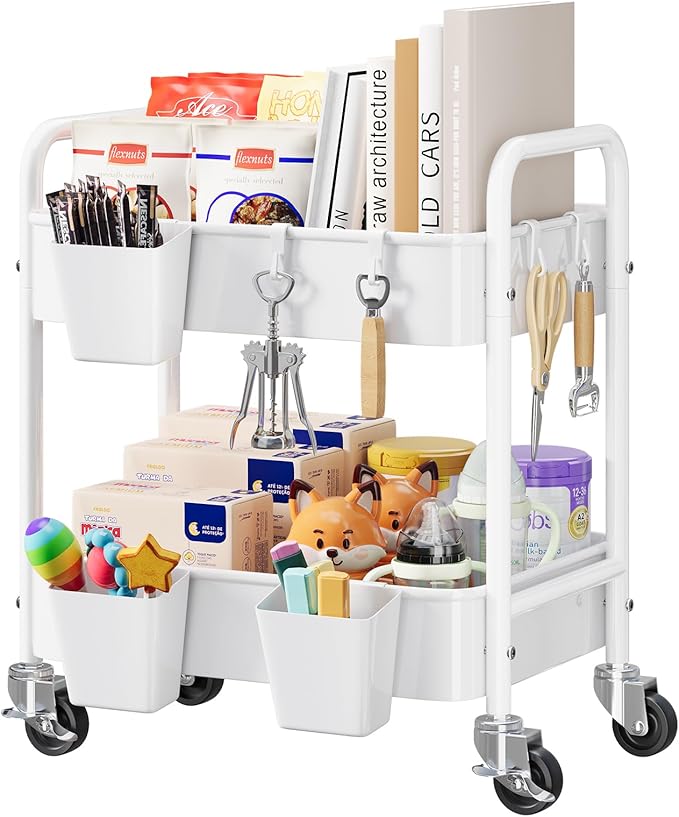 2 Tier Small Rolling Cart Metal with Wheels, White Under Desk Storage Cart on Wheels, Short Utility Roller Caddy Carts Organizer for Art,Craft,Pantry,Bathroom, Two Tiered Shelf Trolley, 22 Inches Tall